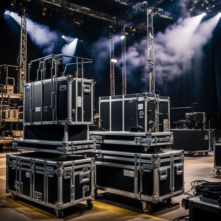 Gestapelte Flightcases in einer Halle während des Aufbaus